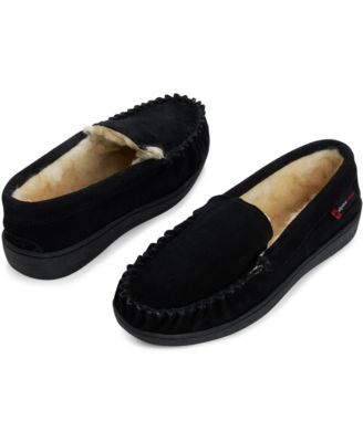 Men's Moccasin Slippers Genuine Suede House Shoe Memory Foam Insole Plush Faux Shearling Lining Comfy Indoor Outdoor Anti-Slip Rubber Sole