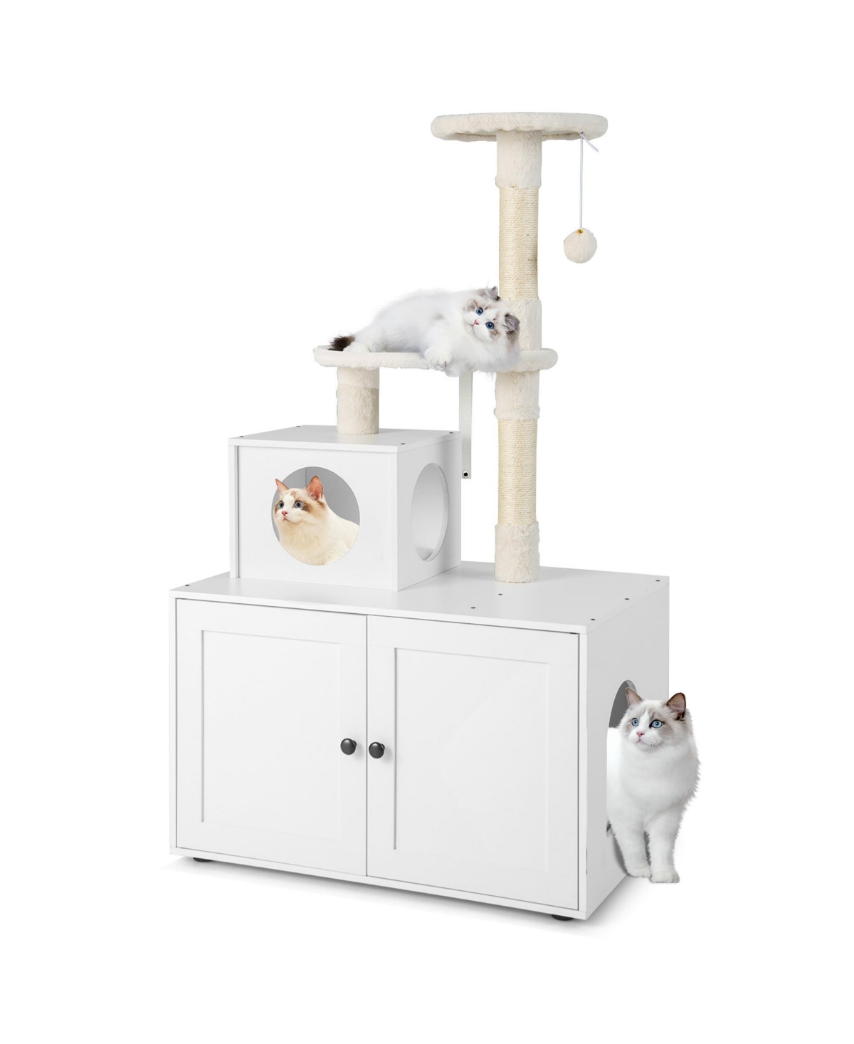 Costway 2-in-1 Wooden Litter Box Enclosure with Cat Tree Hidden Washroom Furniture