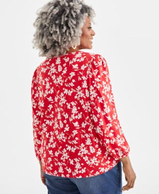 Plus Size Printed Tassel-Tie Long-Sleeve Blouse, Created for Macy's