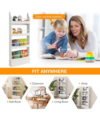 4-Tier Kids Bookshelf Toy Storage Bookcase Rack Wall w/ Anti-toppling Kits Grey