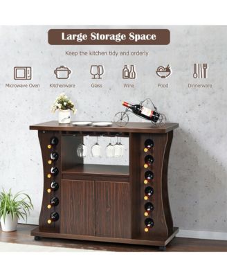 Rolling Buffet Sideboard Wooden Bar Storage Cabinet w/ Wine Rack & Glass Holder