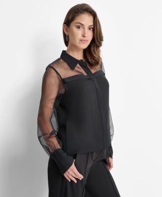 Women's Mixed-Media Organza Long-Sleeve Blouse