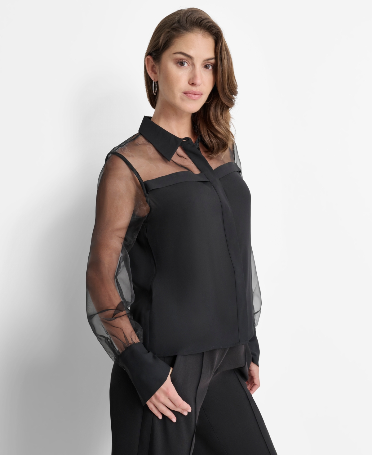 Dkny Women's Mixed-media Organza Long-sleeve Blouse In Black