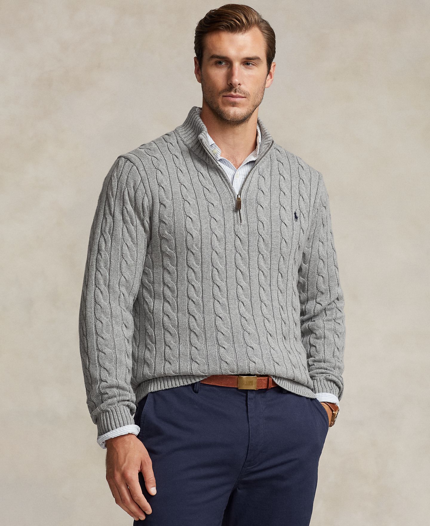 Мужской свитер Polo Ralph Lauren Big & Tall Cable-Knit Cotton Quarter-Zip, цвет: Палевый серый меланжевый — фото 3
