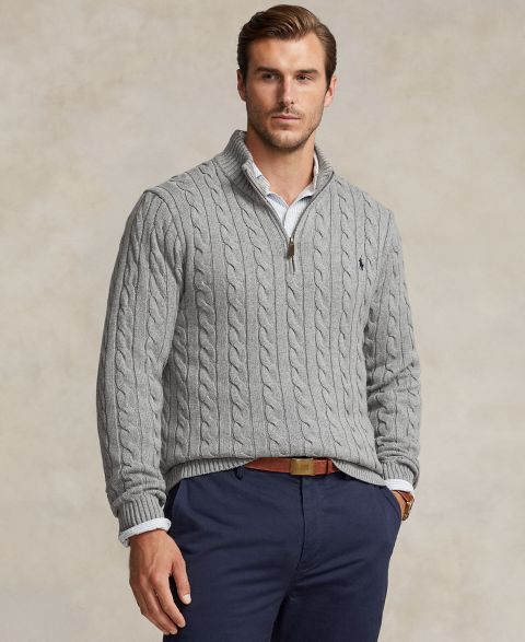 Мужской свитер Polo Ralph Lauren Big & Tall Cable-Knit Cotton Quarter-Zip, цвет: Палевый серый меланжевый