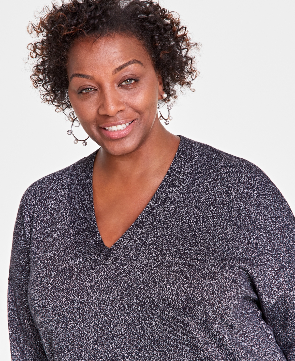 INC INTERNATIONAL CONCEPTS PLUS SIZE METALLIC-KNIT V-NECK SWEATER, CREATED FOR MACY'S 