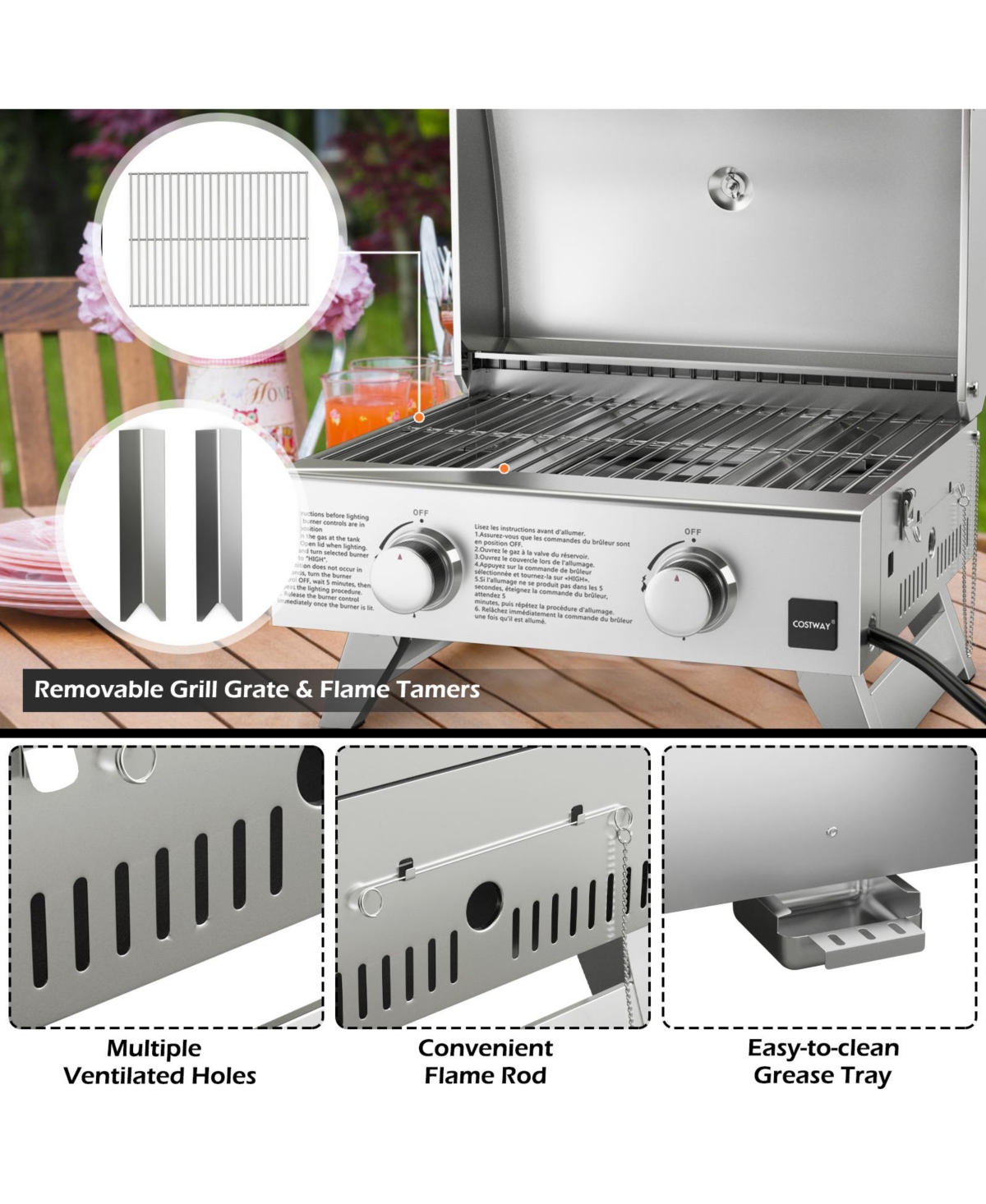 Givimo Stainless Steel Propane Grill with Lid for Outdoor Camping Tailgating Picnic Party- Silver