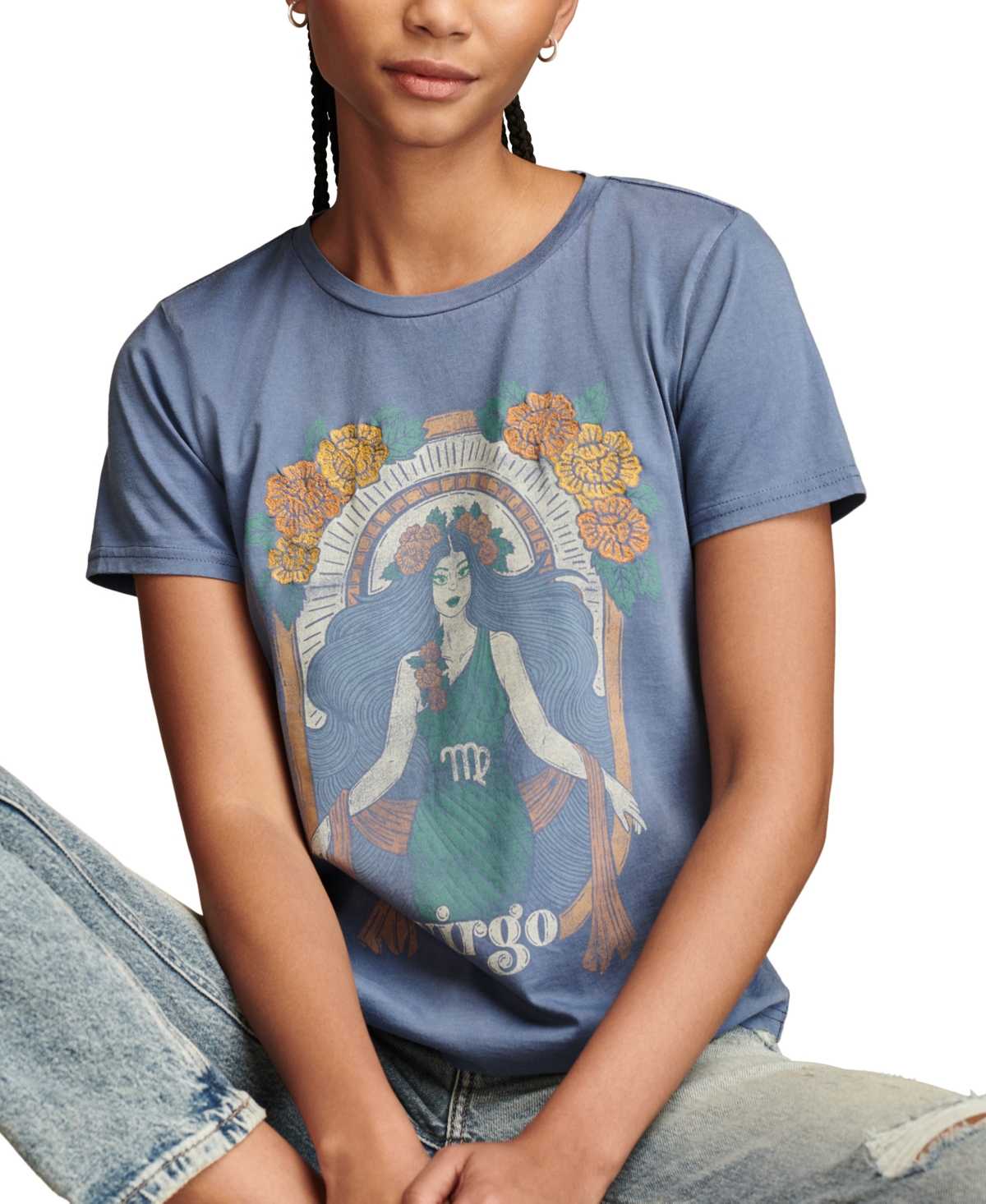 Shop Lucky Brand Women's Embroidered Virgo Crewneck T-shirt In China Blue
