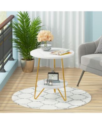 Faux Marble End Table, 2 Tier Round Side Table with Shelves, Modern Gold Nightstand Bedside Table Small Coffee Accent Table for Living Room Bedroom, White and Gold