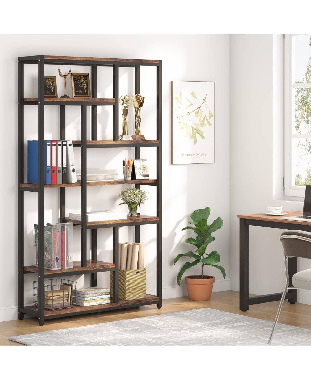 Tribesigns Extra Tall Bookshelf, 7-Tier Vintage Bookcase, Industrial 10-Shelf Open Storage Shelves Display Shelves Organizer for Home Office