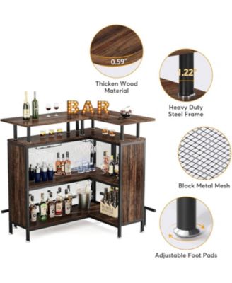 Home Bar Unit, L-Shaped Bar Table with Stemware Racks and 2-Tier Shelves, Corner Mini Coffee Liquor Cabinet with Footrest for Home/Kitchen/Pub, Rustic Brown
