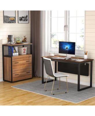 2 Drawer File Cabinet with Lock, Large Lateral Filing Cabinet for Letter/Legal / A4 Size, Wood Printer Stand with Open Storage Shelves for HomeOffice (Brown)