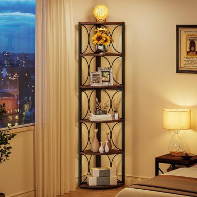 Tall Corner Shelf, 6 Tier Rustic Corner Bookshelf Bookcase Storage Rack Standing Shelving Unit