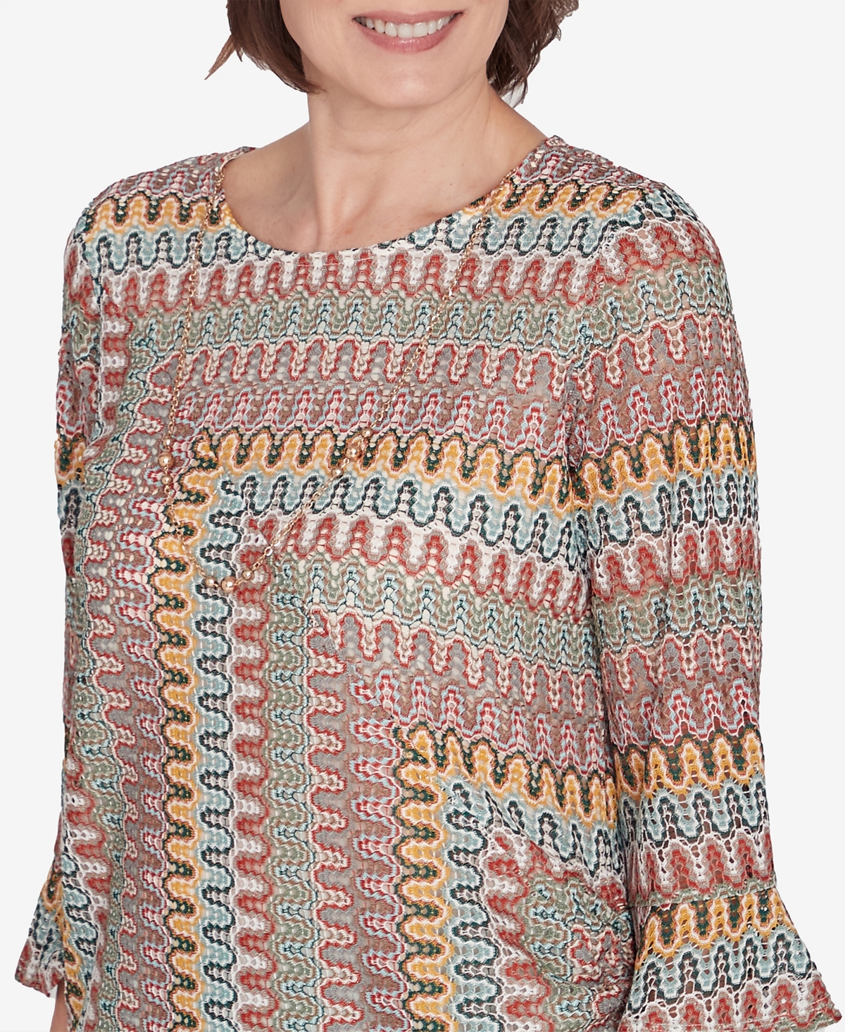 Alfred Dunner Petite Emerald Isle Spliced Texture Top With A Drawstring Hemline In Mugreen