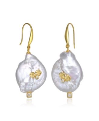Sterling Silver Gold Plated with Genuine Freshwater Pearl Hook Earrings