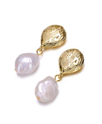 14k Yellow Gold Plated with Baroque Oval Genuine Freshwater White Pearl Coral Reef Dangle Earrings in Sterling Silver