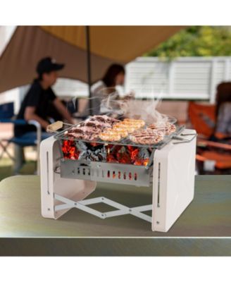 Folding Charcoal BBQ Grill with Dishwasher-safe Grill Grids and Charcoal Box-Beige