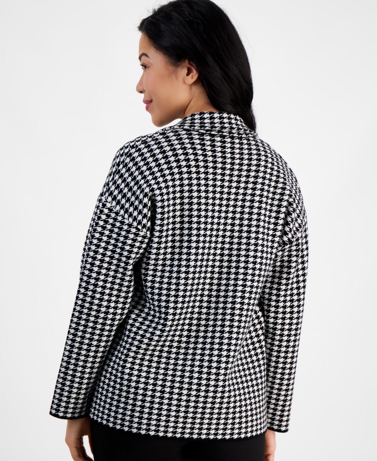 Ak Anne Klein Petite Houndstooth Notched-Collar Sweater -Anne White