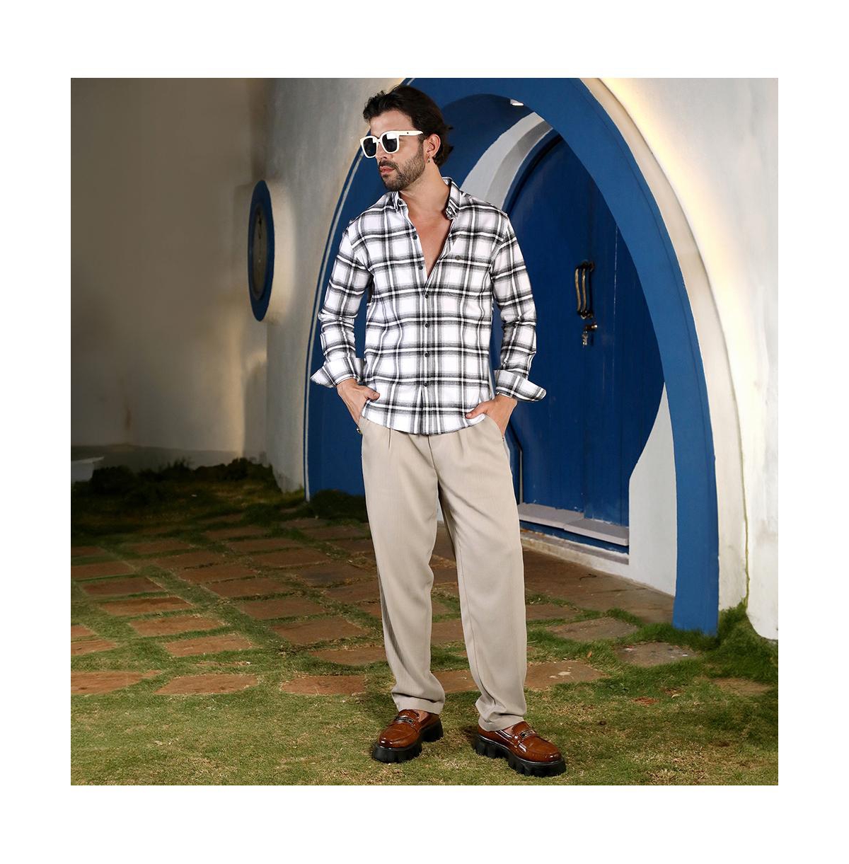 Campus Sutra Men's Chalk& Midnight Black Brushed Buffalo Check Shirt - White