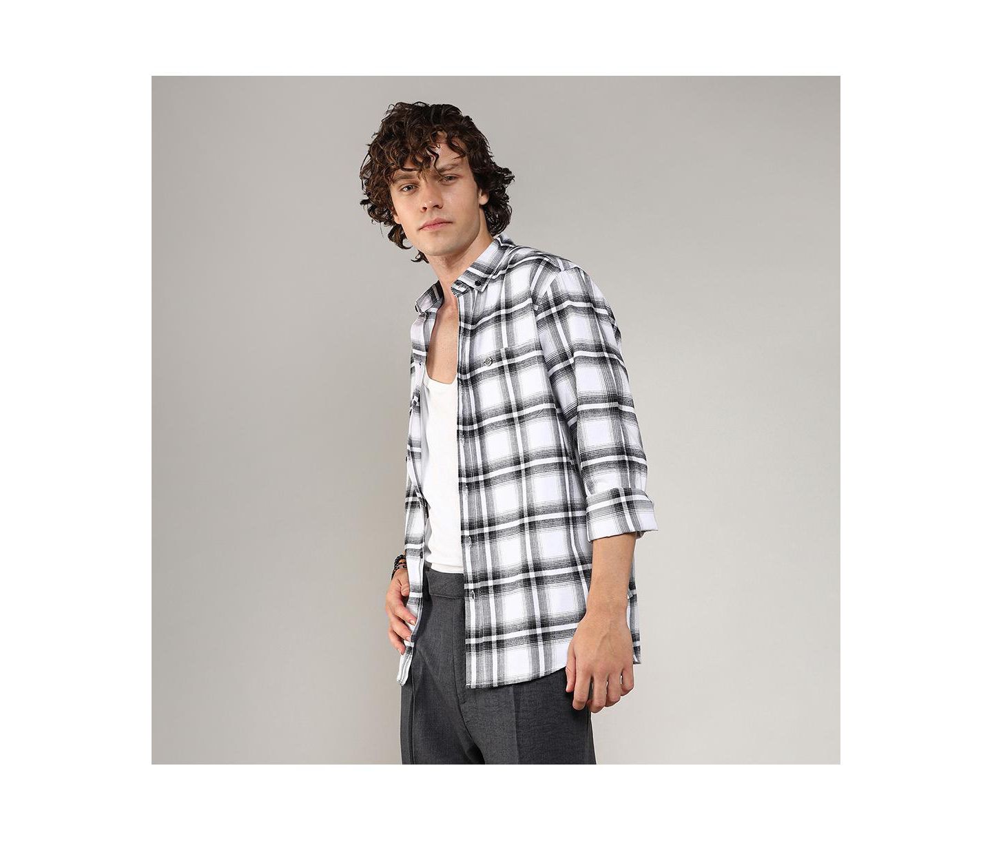 Мужская рубашка Cahoot Campus Sutra Chalk White & Midnight Black Brushed Buffalo Check, цвет: Белый — фото 6