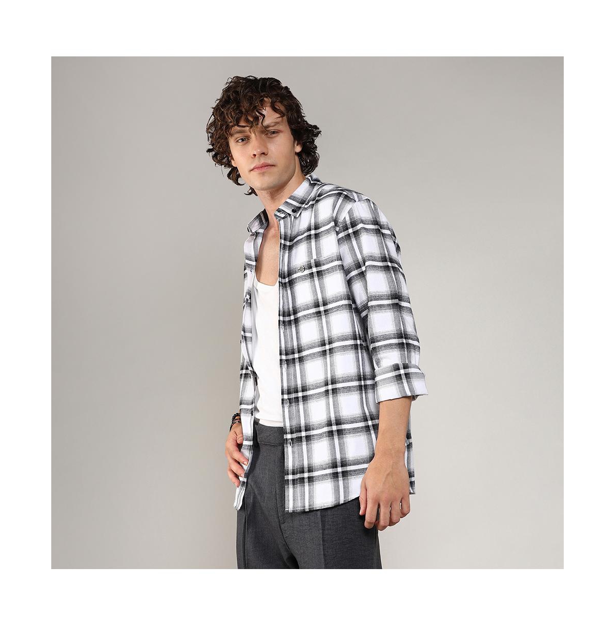 Campus Sutra Men's Chalk& Midnight Black Brushed Buffalo Check Shirt - White