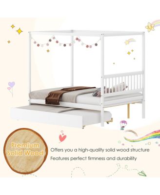 Full Size Canopy Bed with Trundle Wooden Platform Bed Frame Headboard Grey