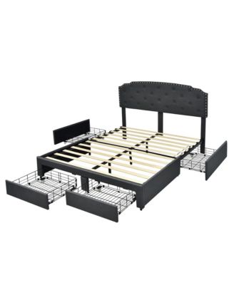 Full Platform Bed Frame with 4 Storage Drawers Adjustable Headboard Grey