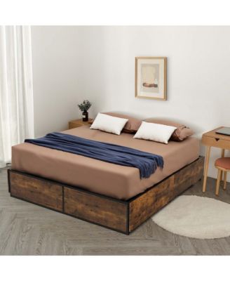 Full Industrial Metal Platform Bed Frame with 4 Drawers Wooden Footboard