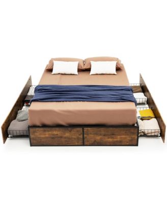 Full Industrial Metal Platform Bed Frame with 4 Drawers Wooden Footboard