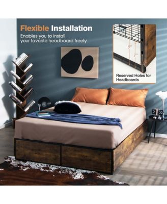 Full Industrial Metal Platform Bed Frame with 4 Drawers Wooden Footboard