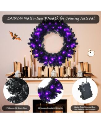 24 Inch Pre-lit Halloween Wreath with 35 Purple LED Lights