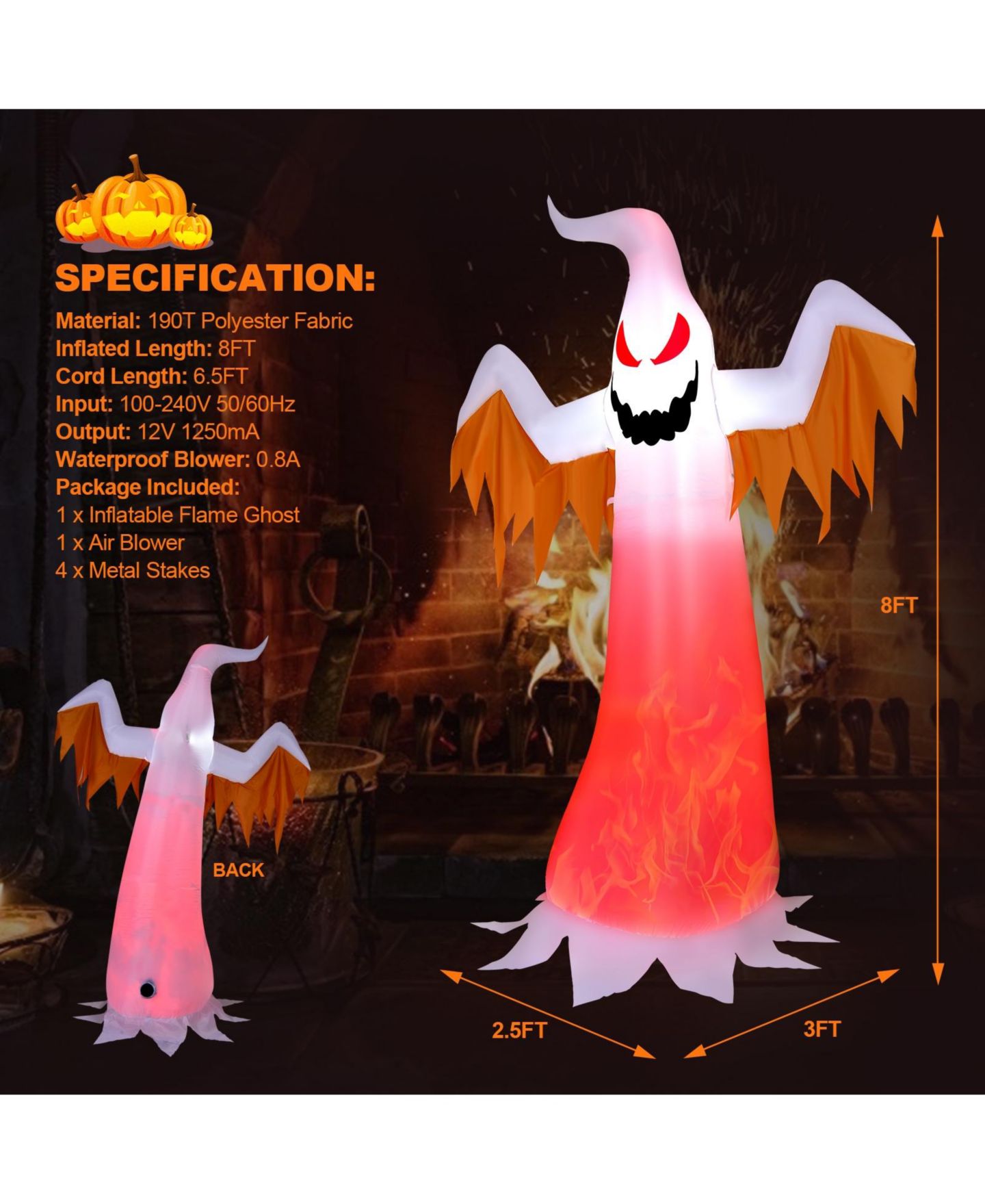Детская игрушка SKONYON 8 Feet Halloween Inflatable Ghost with Rotatable Flame LED Lights, цвет: Белый — фото 8