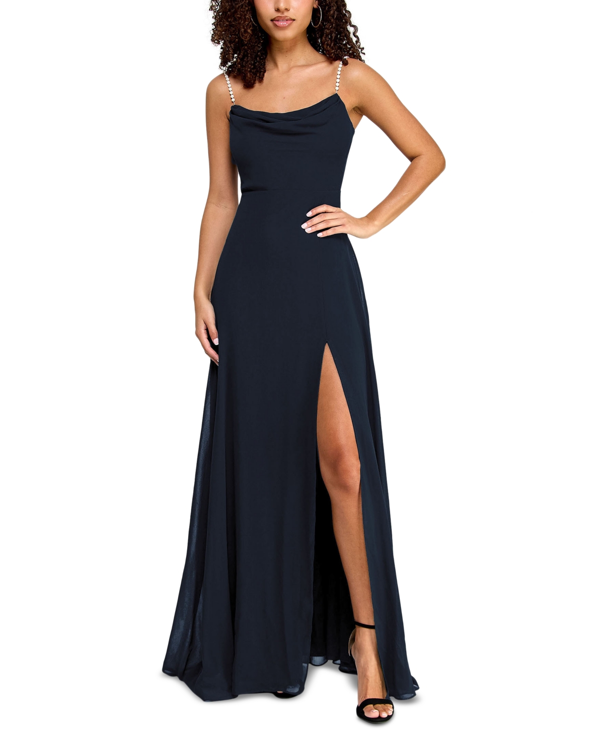 City Studios Juniors' Drape-neck Faux-peal-strap Gown In Navy