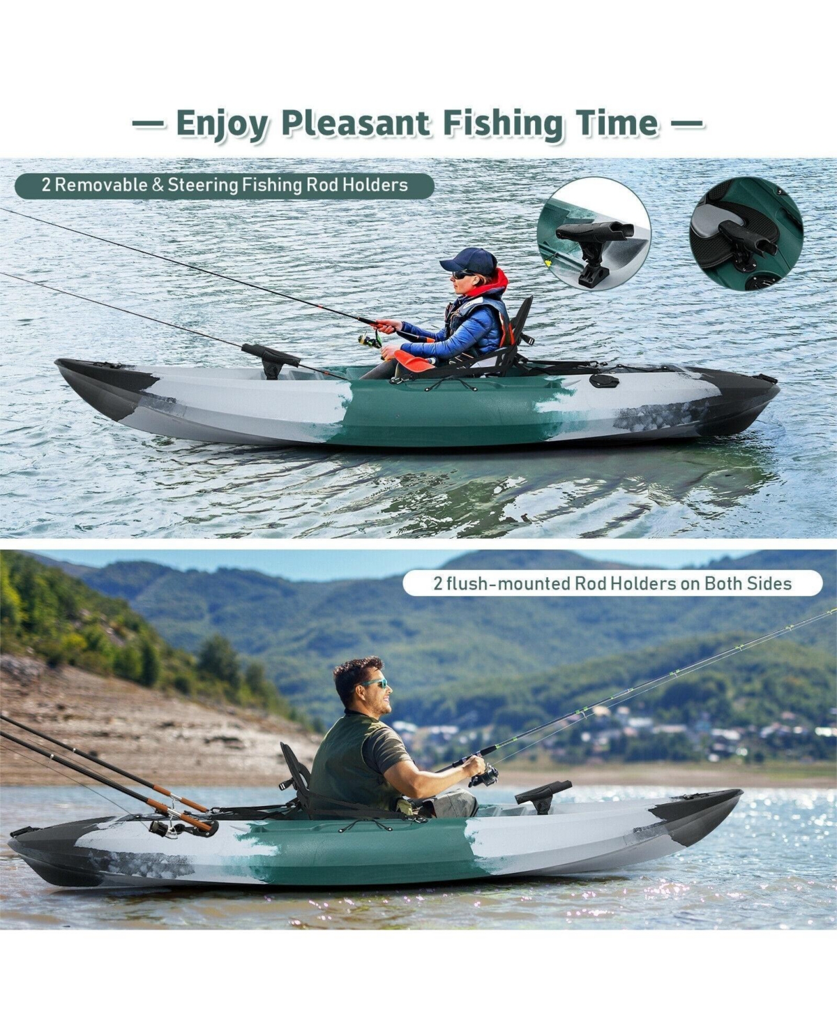 Sit-on-Top Fishing Kayak Boat With Fishing Rod Holders and Paddle-Gray