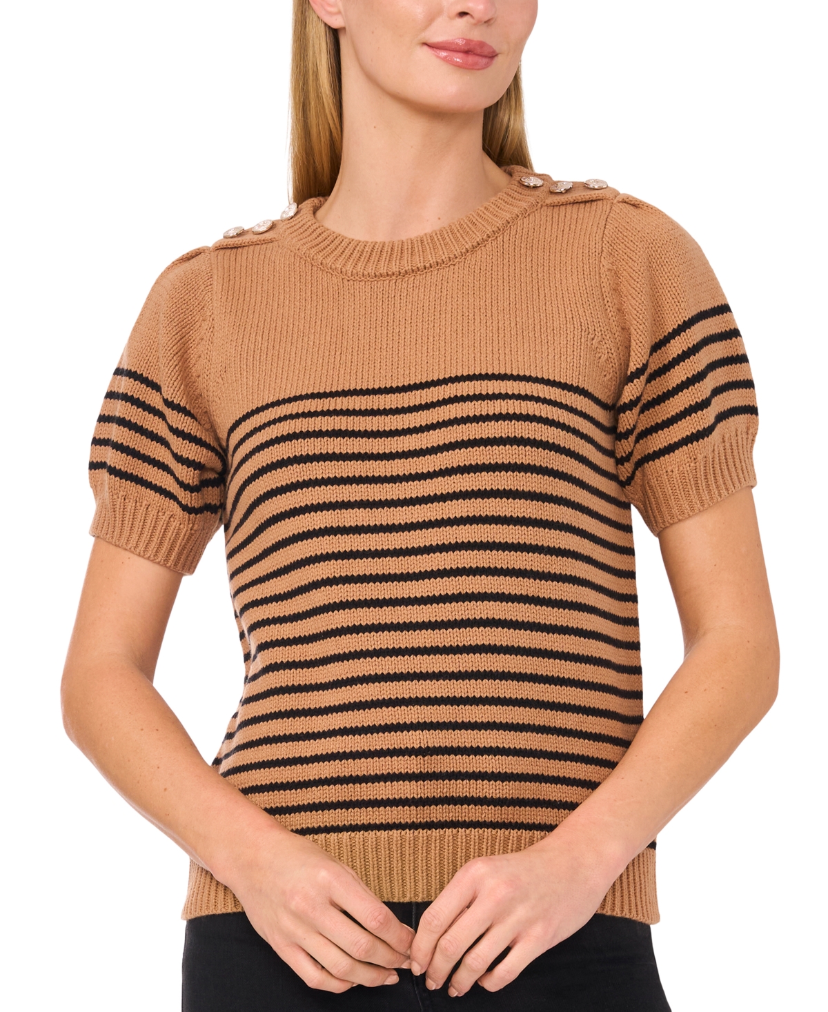 CECE WOMEN'S STRIPED SHORT-SLEEVE SWEATER 