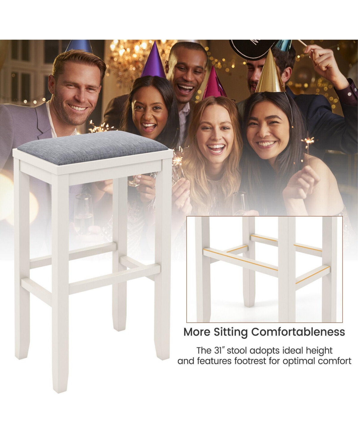Skonyon 2 Pieces Upholstered Bar Stool Set with Solid Rubber Wood Frame and Footres