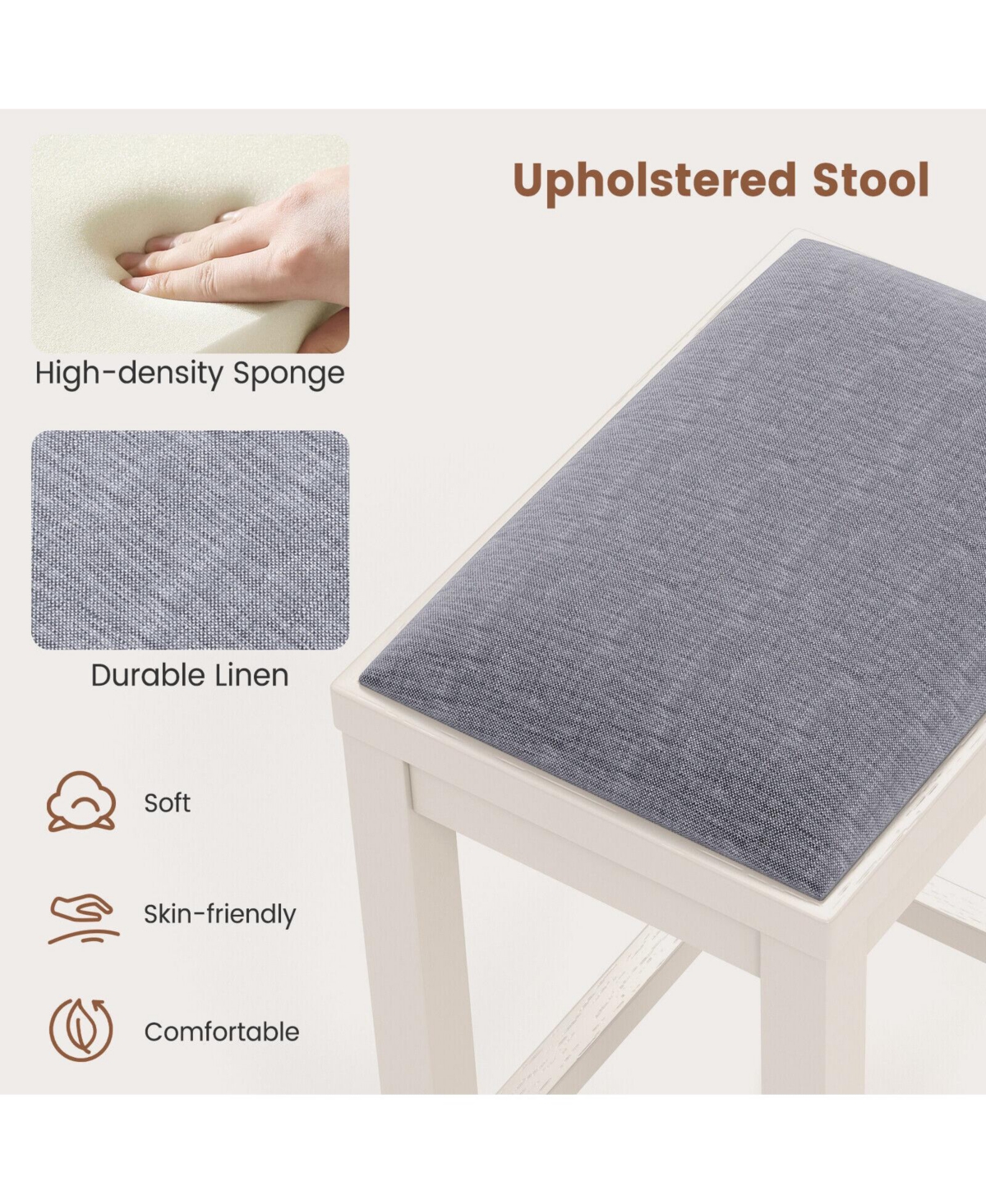 Skonyon 2 Pieces Upholstered Bar Stool Set with Solid Rubber Wood Frame and Footres