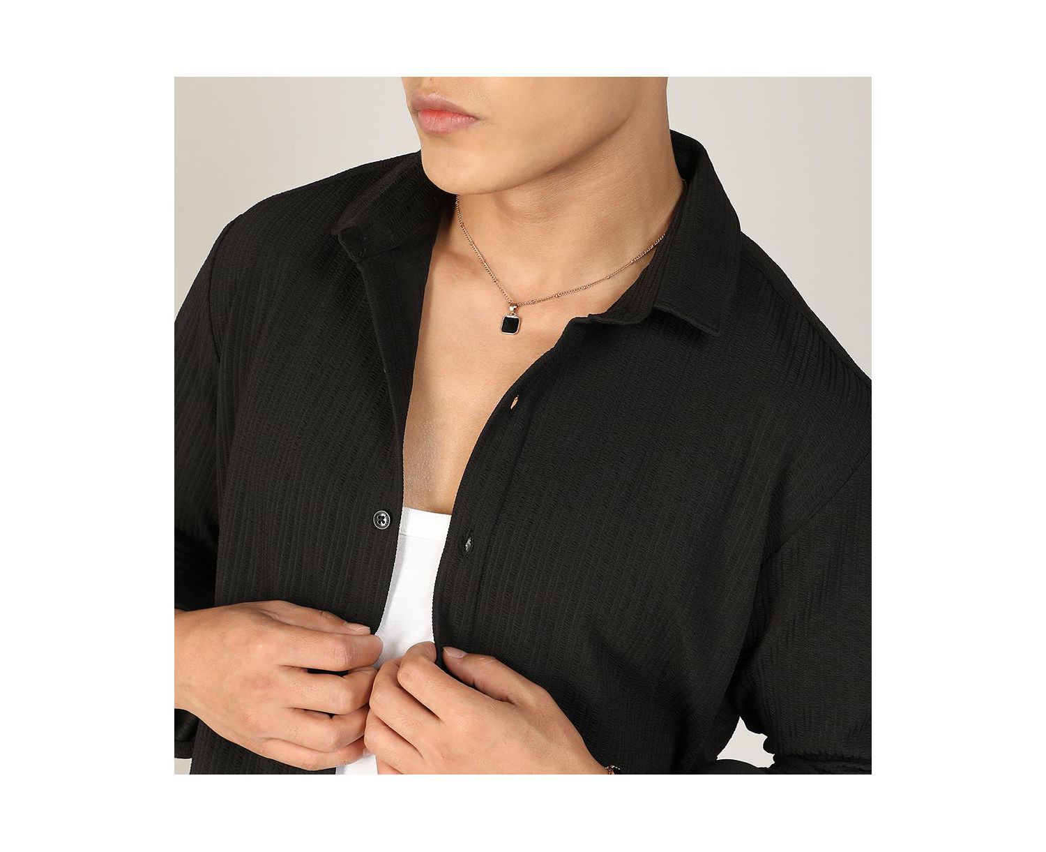 Men's Onyx Black Stripe-Creased Shirt
