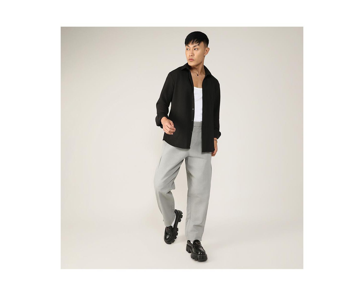 Men's Onyx Black Stripe-Creased Shirt