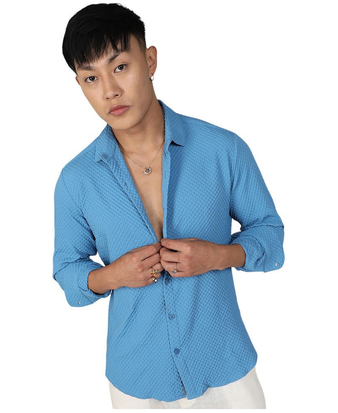 Мужская рубашка Cahoot Campus Sutra Sky Blue Textured Micro Buffalo Check, цвет: Синий — фото 1