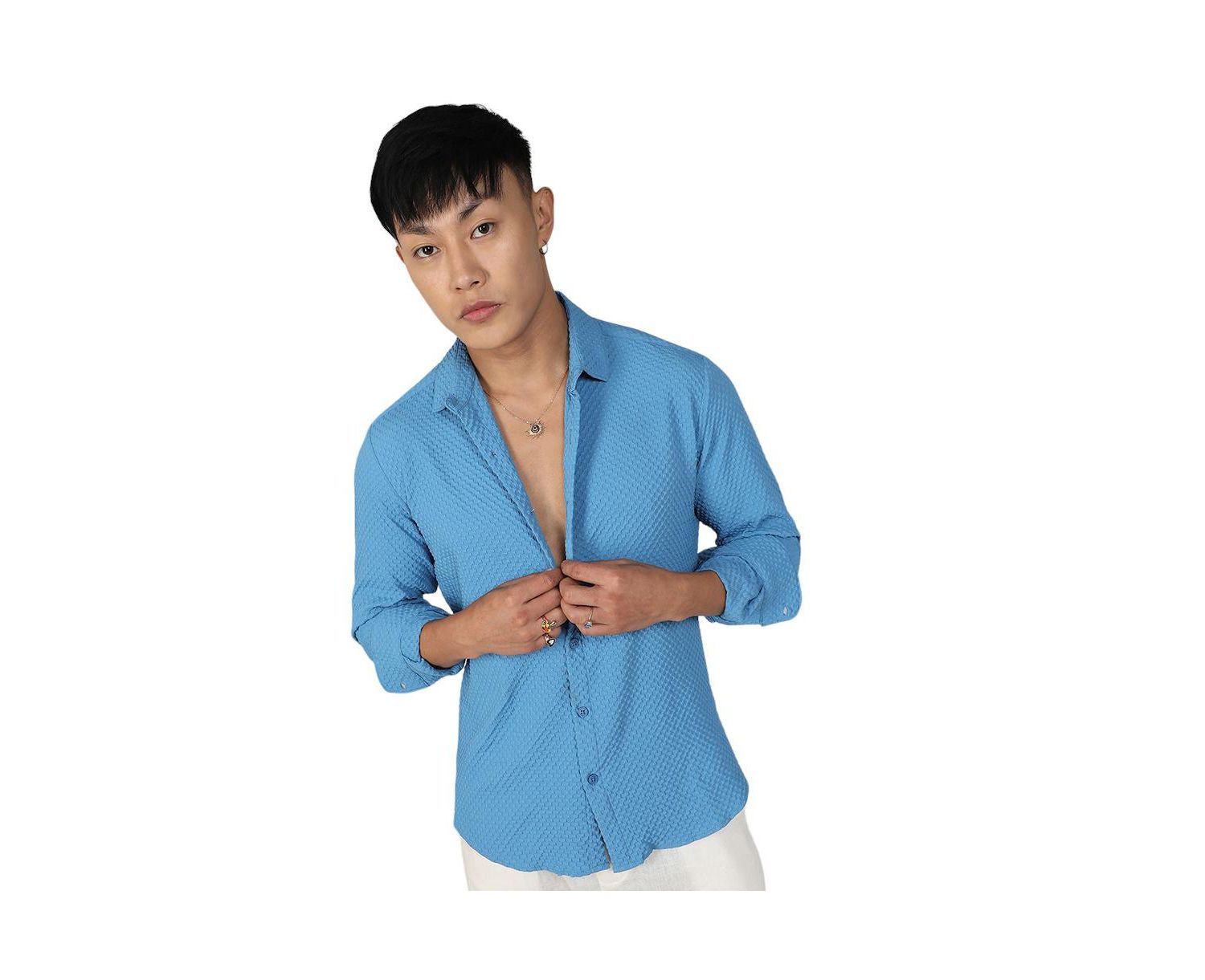 Men's Sky Blue Textured Micro Buffalo Check Shirt