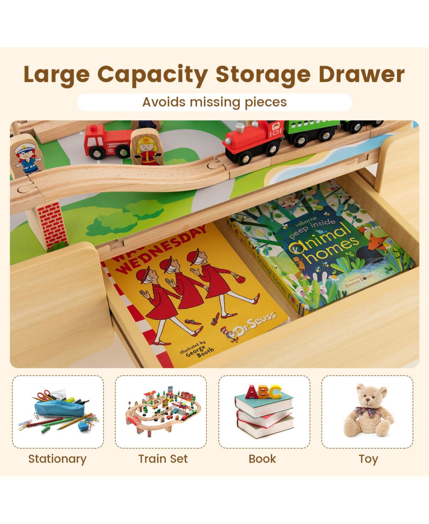 Детские игрушки GIVIMO 84-Piece Wooden Reversible Tabletop Train Set, цвет: Натуральный — фото 4