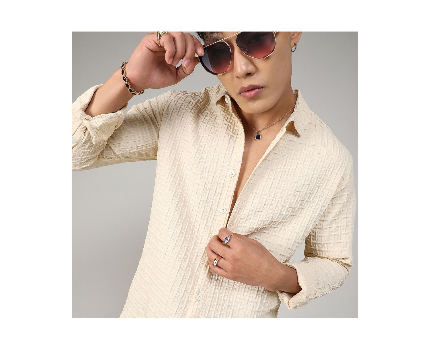 Men's Pale Yellow Textured Weave Shirt