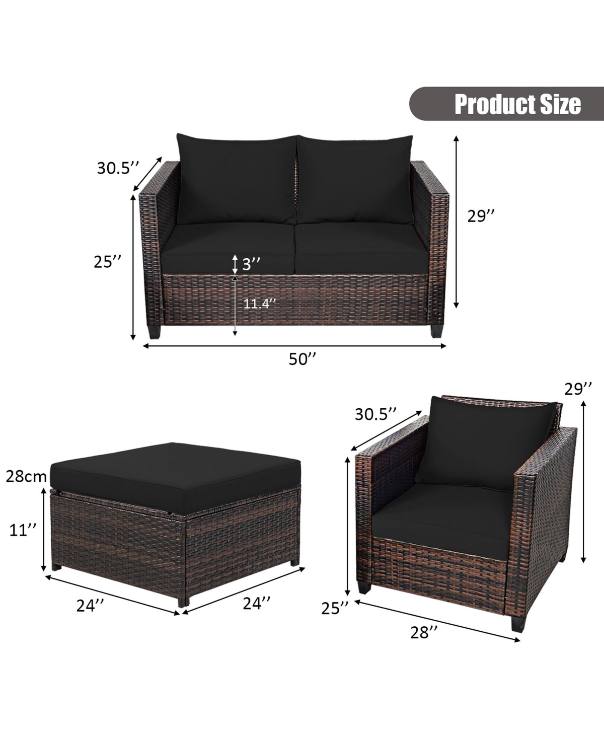 Costway 5PCS Patio Rattan Furniture Set Loveseat Sofa Ottoman Cushioned