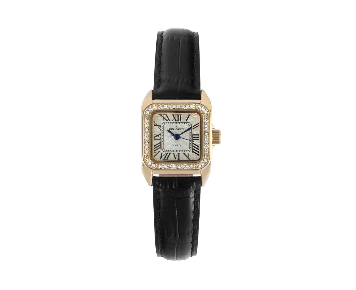 Women's 34x24mm Tank Watch with Crystal Bezel Black Leather Strap - Black