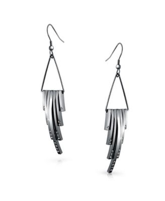 Geometric Art Deco Style Long Bars Dangle Statement Earrings Crystal Accent Stainless Steel