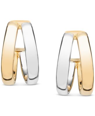 Polished Double Small Huggie Hoop Earrings in 10k Two-Tone Gold, 0.5"