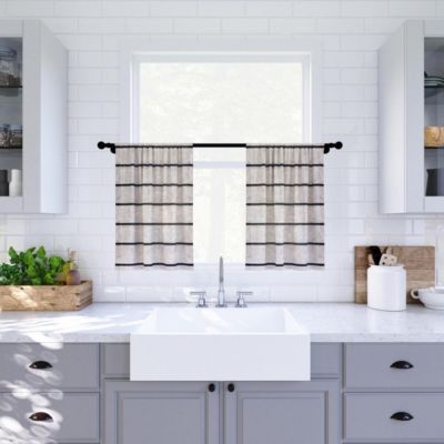 Twill Stripe Anti-Dust Linen Blend Sheer Cafe Curtain Pair