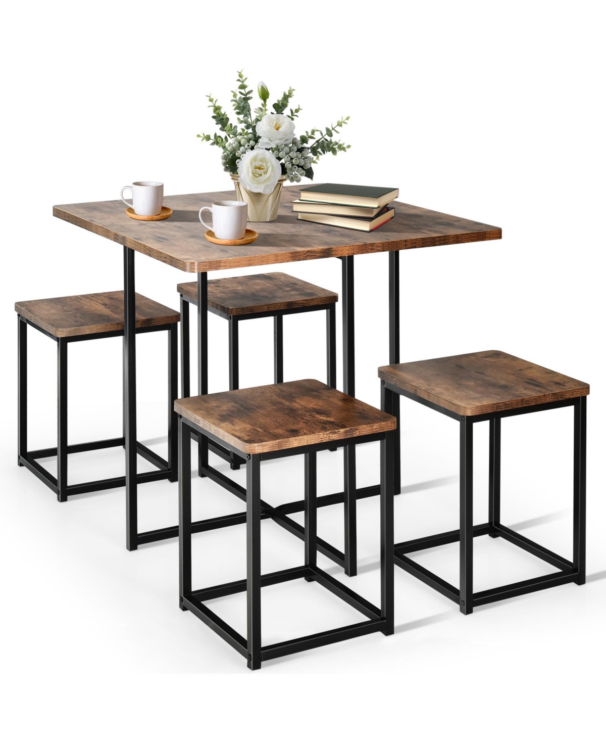 Sugift 5 Pieces Metal Frame Dining Set with Compact Dining Table and 4 Stools -Walnut - Brown