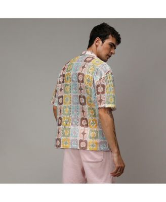 Men's Lemon Yellow & Chocolate Brown Geometric Block Oversized Shirt
